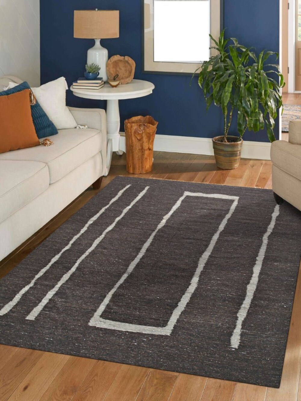 Brown Ivory Flatweave Wool Area Rug 4' x 6' Handmade Modern Minimal - Picture 3 of 5